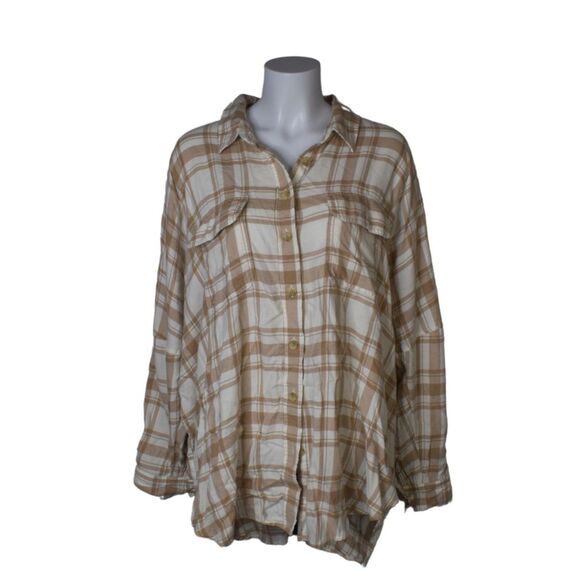 American Eagle Oversized Big Hug Lightweight Flannel Tan White Womens Medium - Picture 1 of 5